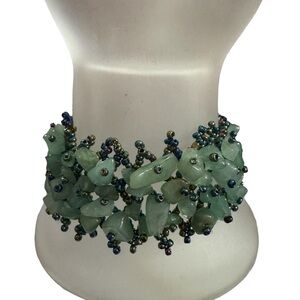 Seed Bead Aventurine Green Stone Chip Bracelet Cuff 7 1/2" 8" stretchy Boho